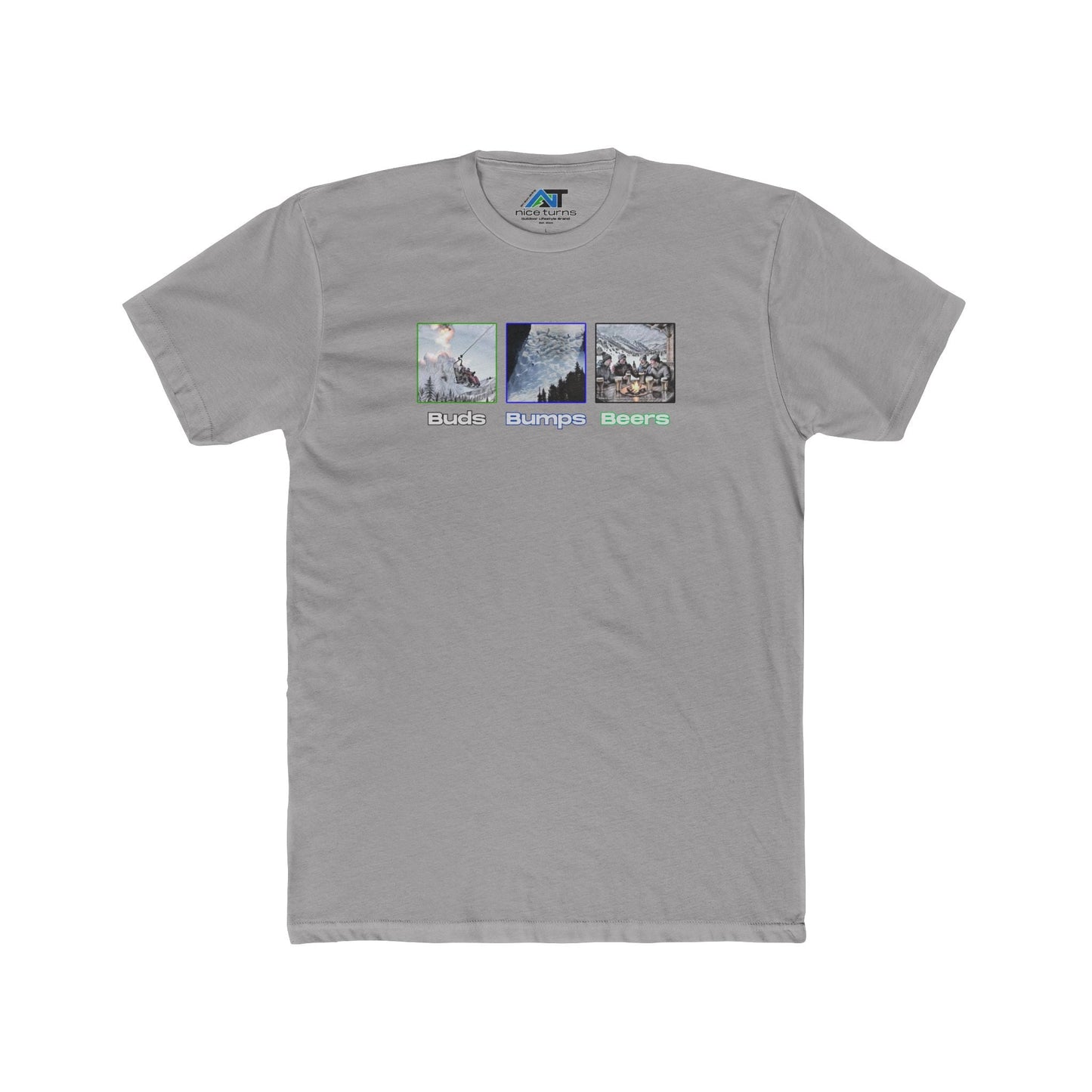 Light gray T-shirt featuring “Buds, Bumps, Beers” graphic with ski scenes, displayed flat on white background for product listing.