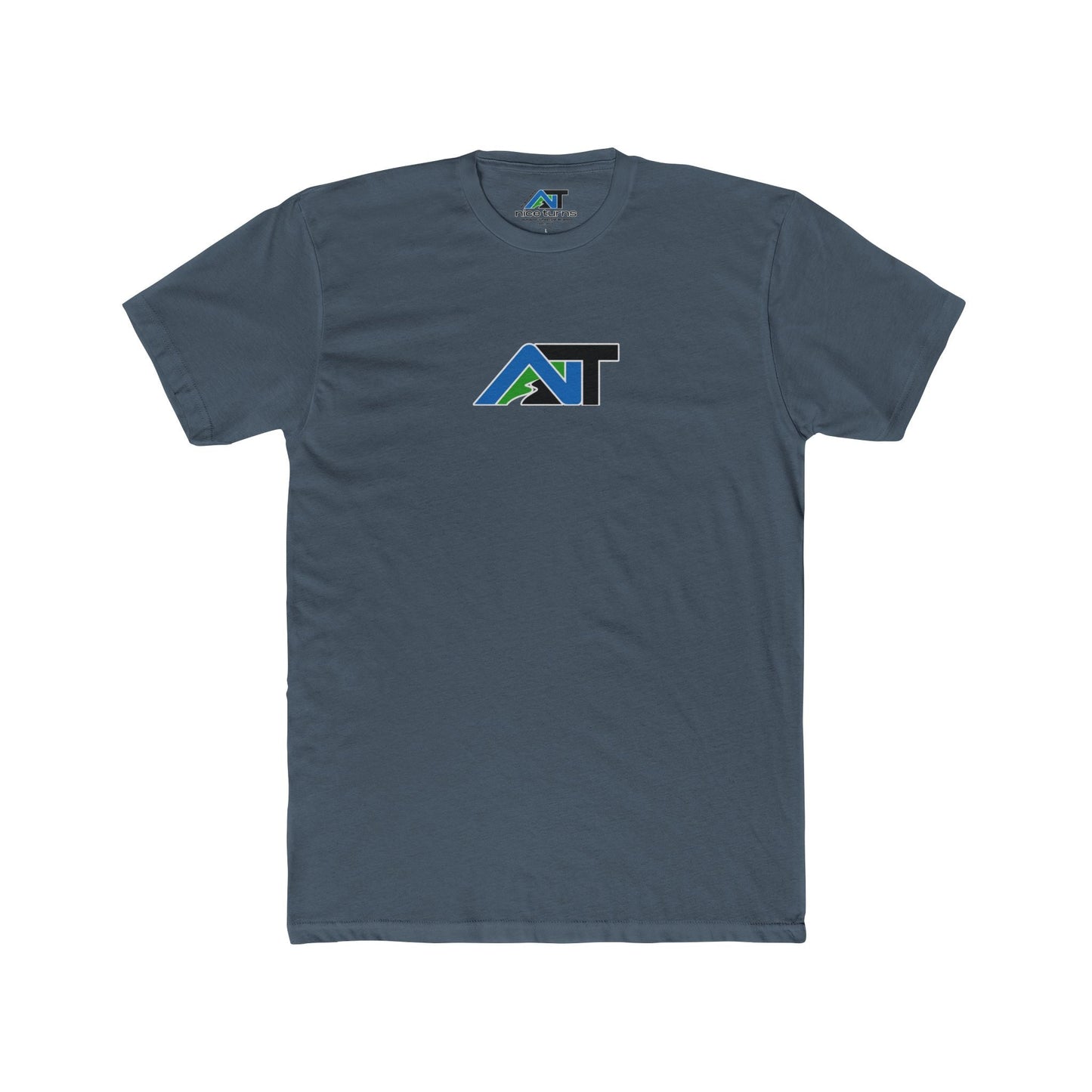 Indigo T-shirt featuring the Summit Swagger logo with blue, green, and black mountain design, displayed on a flat background.