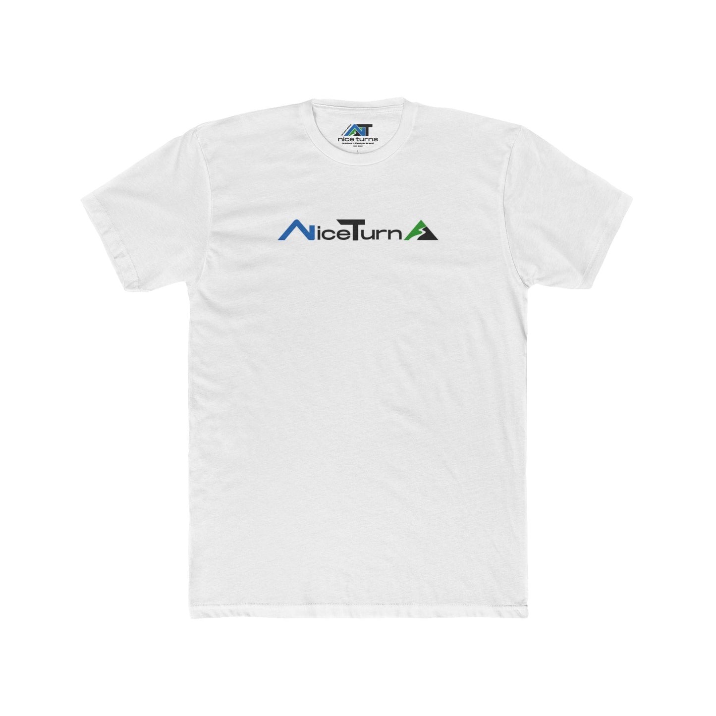 White short sleeve T-shirt featuring the Nice Turns logo with blue, black, and green mountain-inspired design on the chest.