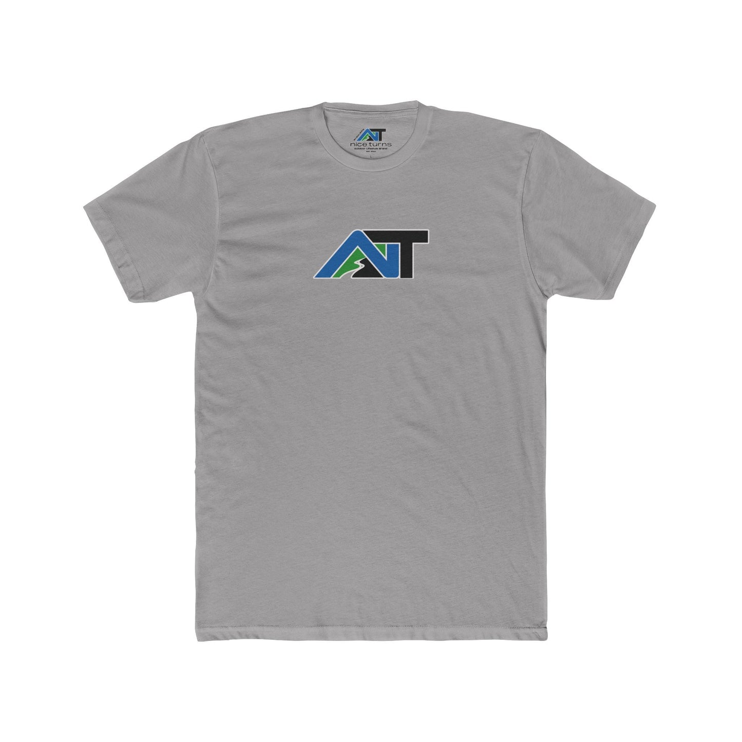 Light grey t-shirt featuring the nice turns mountain trail logo in blue, green, and black on chest, shown on a neutral background.