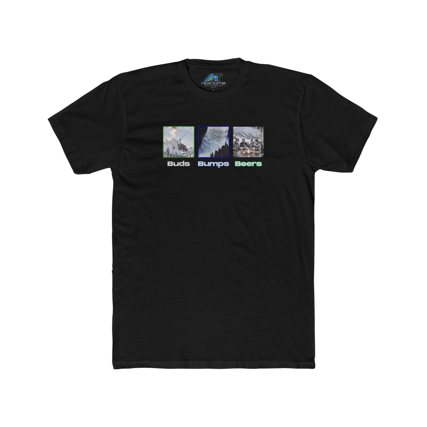 Black T-shirt featuring “Buds, Bumps, Beers” graphic with ski scenes, displayed flat on white background for product listing.