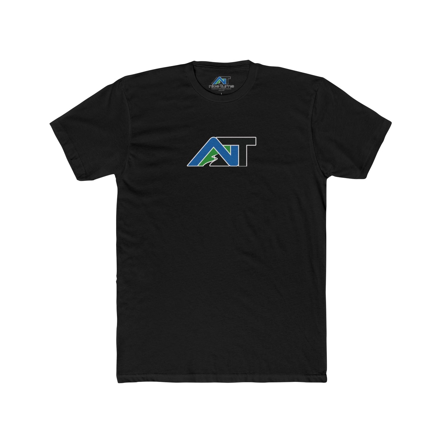 Black t-shirt featuring the nice turns mountain trail logo in blue, green, and black on chest, shown on a neutral background.