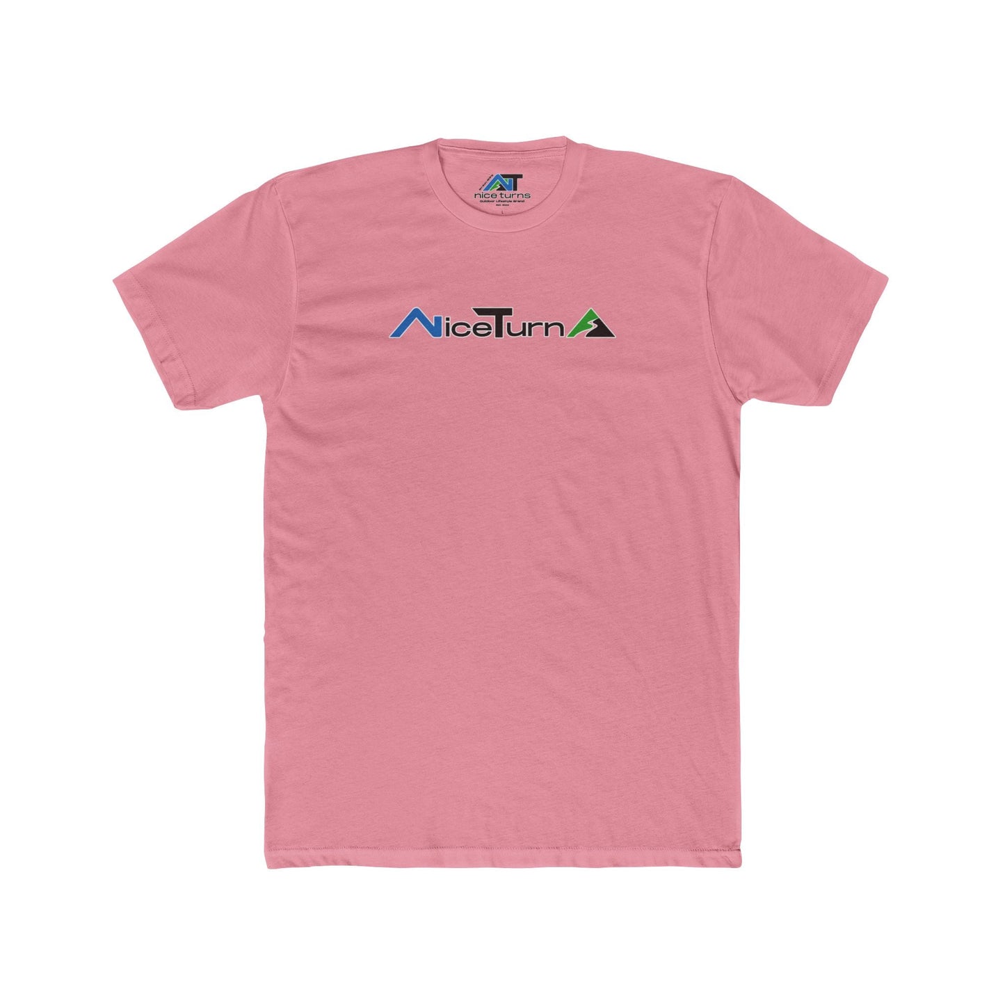 Pink short sleeve T-shirt featuring the nice turns logo with blue, black, and green mountain-inspired design on the chest.