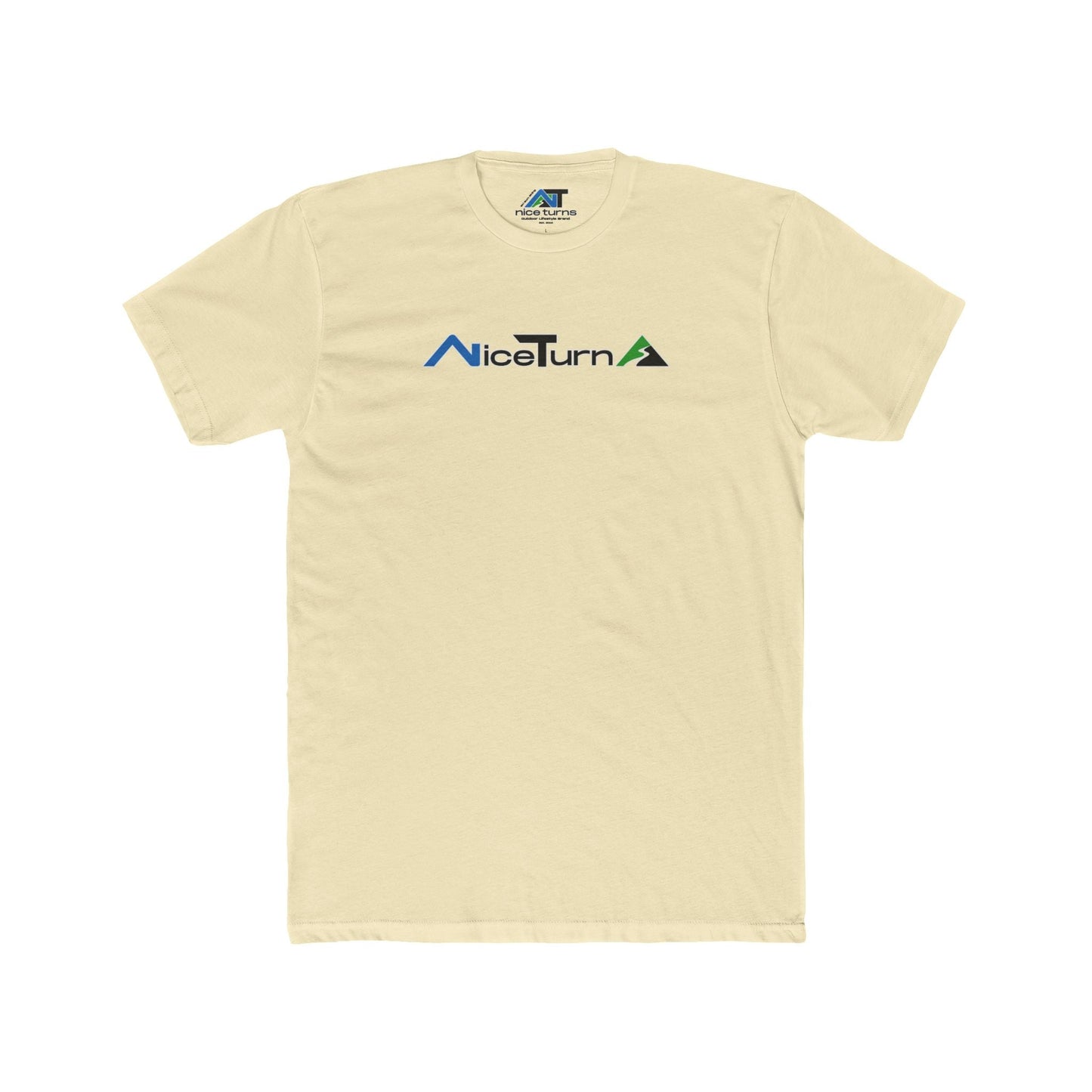 Natural short sleeve T-shirt featuring the nice turns logo with blue, black, and green mountain-inspired design on the chest.