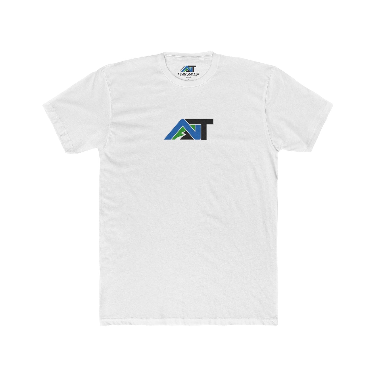 White T-shirt featuring the Summit Swagger logo with blue, green, and black mountain design, displayed on a flat background.