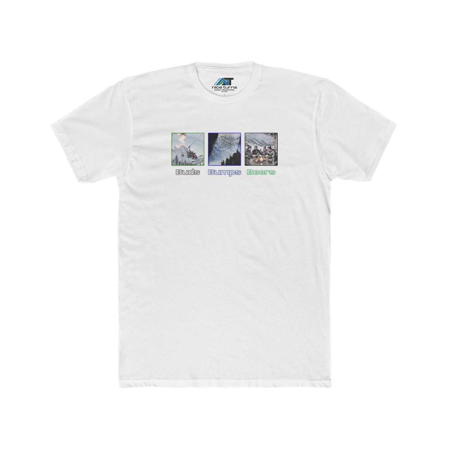 White T-shirt featuring “Buds, Bumps, Beers” graphic with ski scenes, displayed flat on white background for product listing.