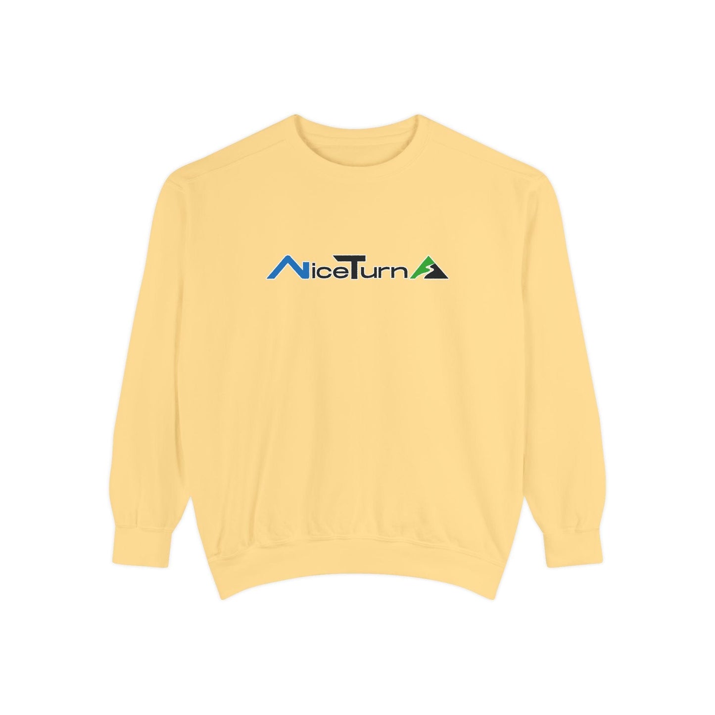 Butter crewneck sweatshirt with the retro nice turns logo across the chest, displayed on a flat white background.