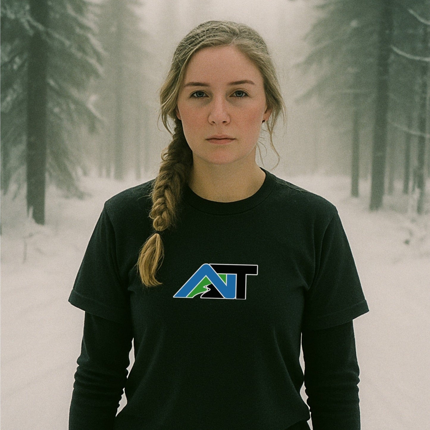 Black t-shirt with the nice turns trail logo worn in a foggy, snow-covered forest, layered over a long sleeve for mountain warmth.