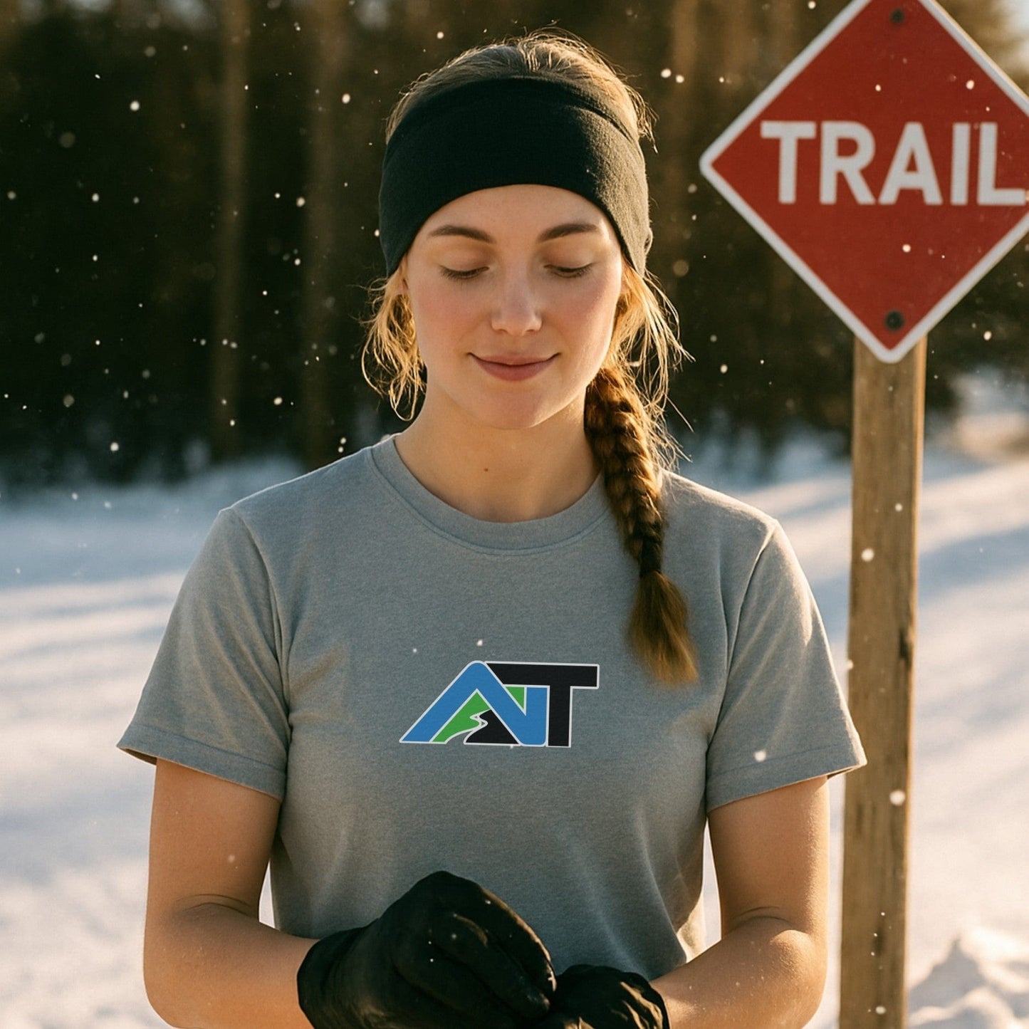 Light grey t-shirt with the nice turns trail logo worn near a red trail sign, snowflakes falling in soft evening mountain light.
