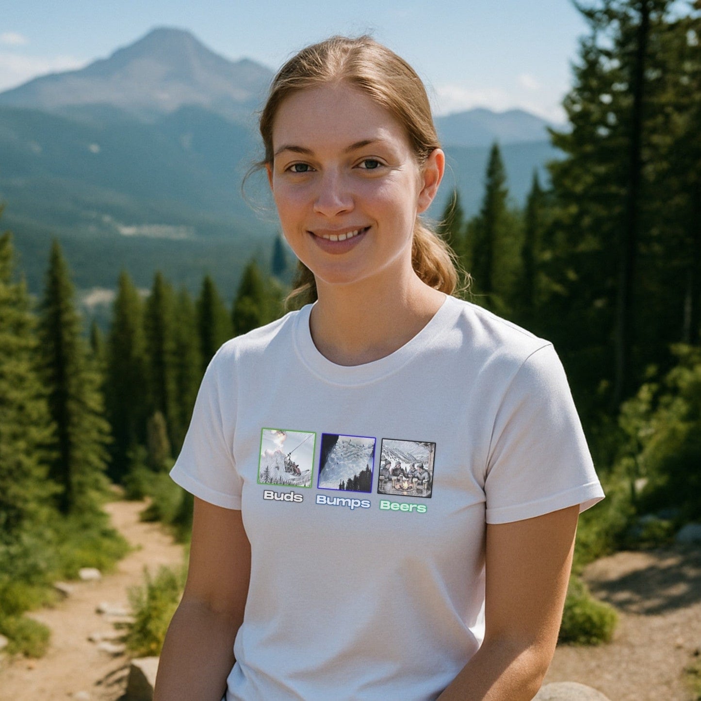 Woman in white “Buds, Bumps, Beers” T-shirt sitting on a mountain trail with pine trees and alpine peaks in the summer background.