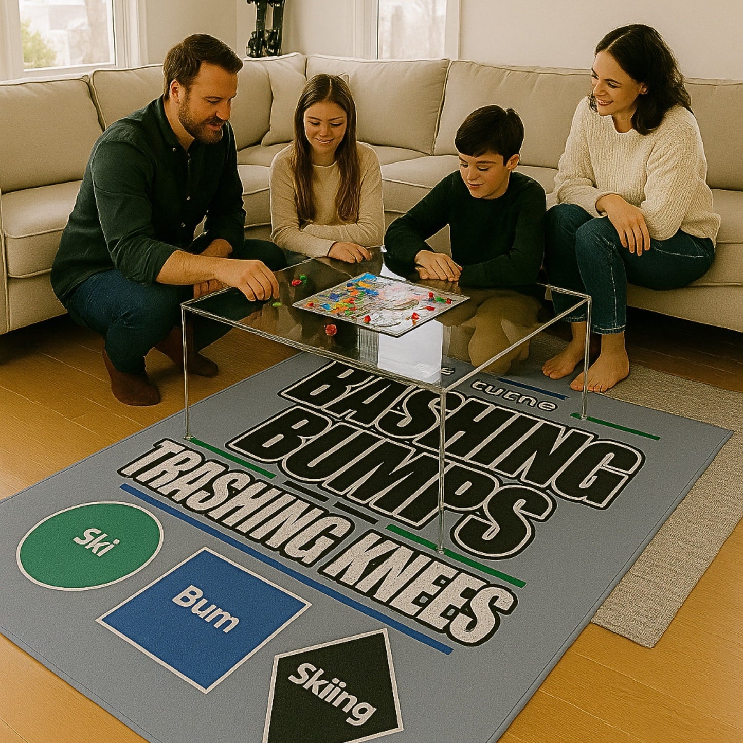 Bashing Bumps area rug, 42×78 vertical, in living room with family playing board game; trail sign graphics partially shown.