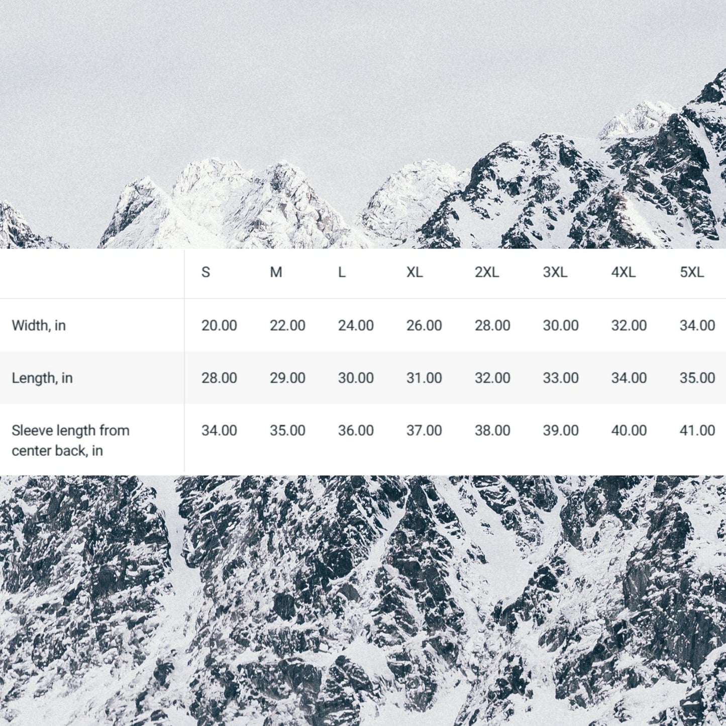 Size chart for nice turns crewneck sweatshirt with width, length, and sleeve measurements from S to 5XL over a snowy mountain backdrop.