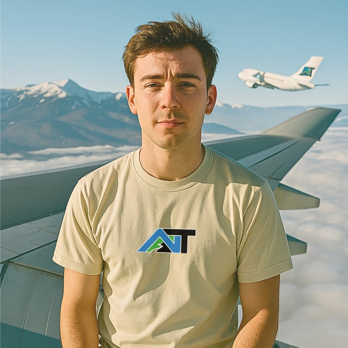 Cream nice turns T-shirt with AT logo on chest, worn mid-flight on airplane wing with snow-covered mountains and branded jet in view.