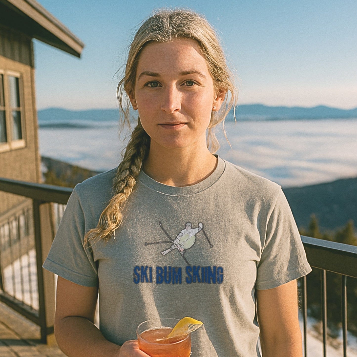 Ski Bum Skiing T-shirt in light grey worn on a mountain deck with clouds below and a ski cocktail in hand.