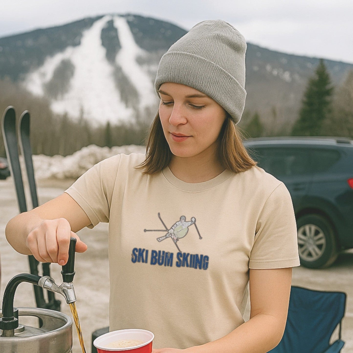 Ski Bum Skiing T-shirt worn at a ski hill parking lot, with mountain trails in the background and après keg pour in progress.