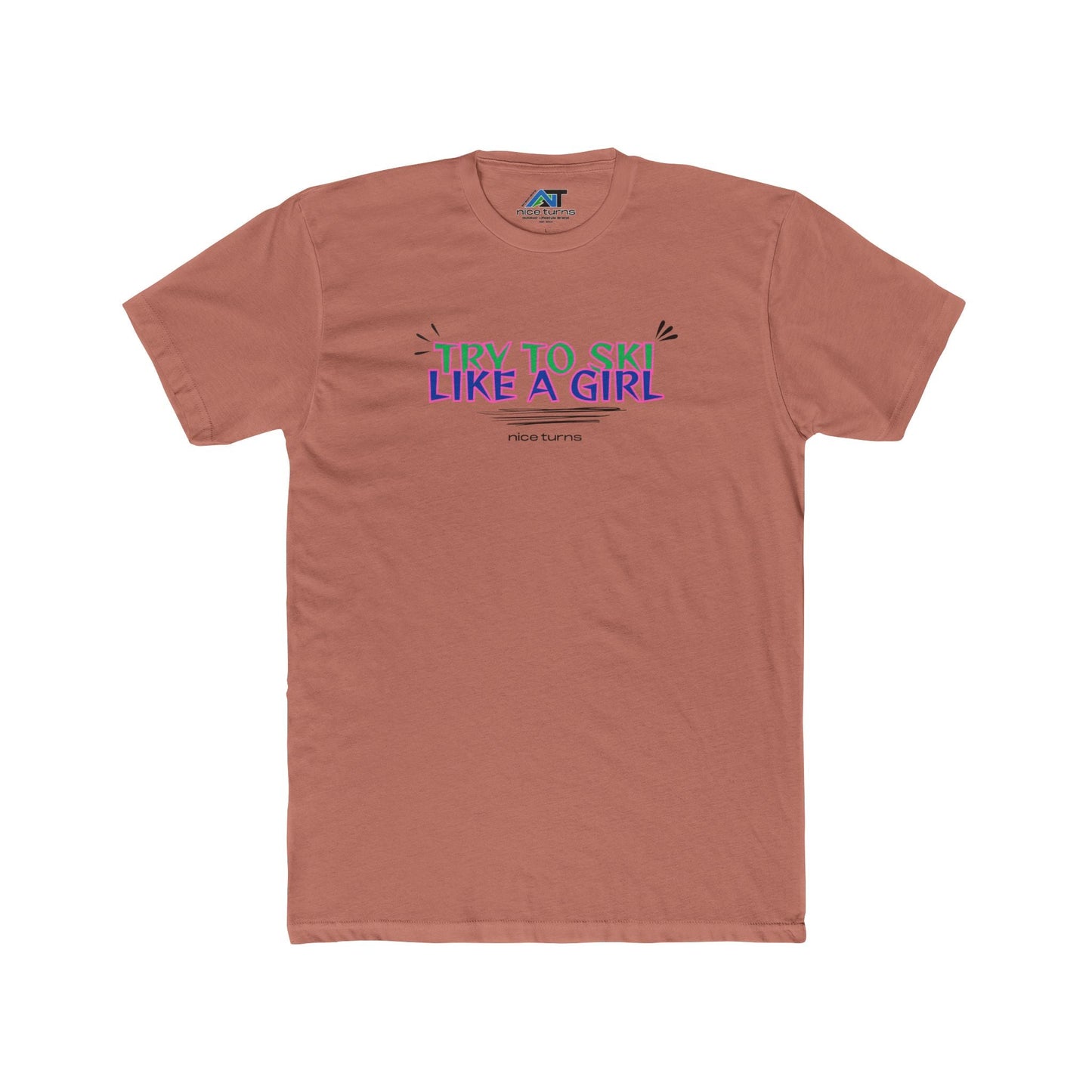 Clay red t-shirt featuring the bold “TRY TO SKI LIKE A GIRL” design in neon colors, printed with the nice turns logo underneath.