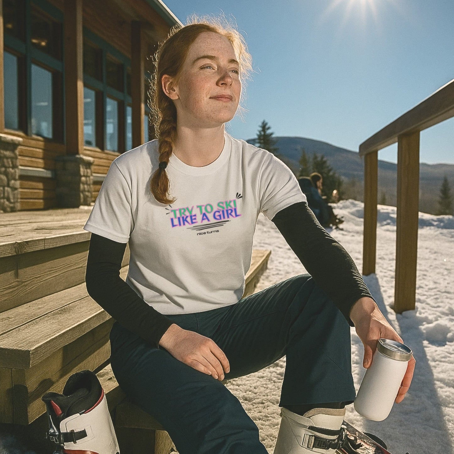 White t-shirt with the slogan try to ski like a girl by nice turns, worn on a sunny deck at the base of a ski mountain.