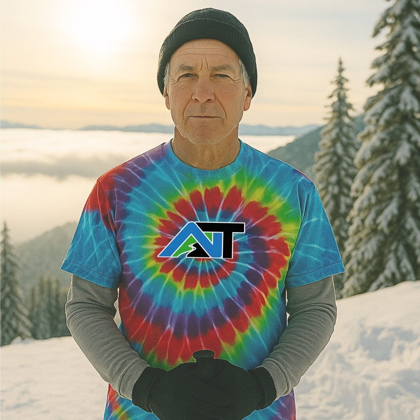Rainbow tie-dye shirt with bold AT logo worn on a snowy mountain overlook, layered up for a crisp morning above the clouds.