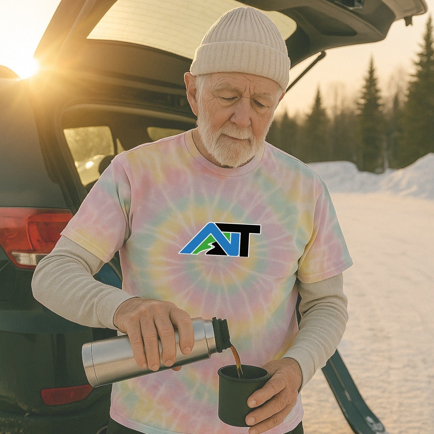 Hazy rainbow tie-dye tee with AT logo, worn by skier pouring coffee at golden hour in a snowy parking lot after a day on the hill.