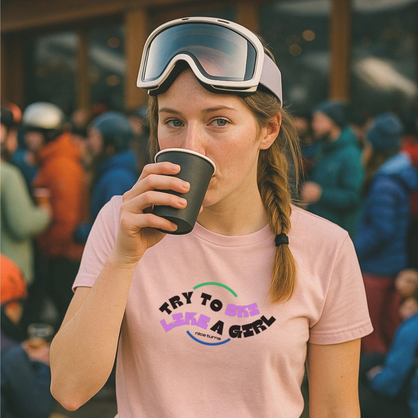 Light pink t-shirt with “Try to Ski Like a Girl” design from nice turns, worn at après outside a crowded ski lodge with a hot drink.