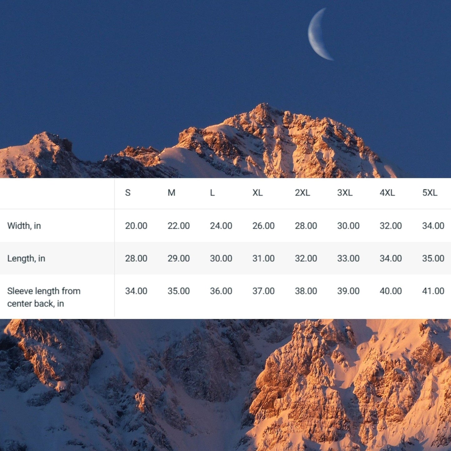 Size chart for unisex hoodie, showing width, length, and sleeve measurements from S to 5XL, over a moonlit alpine backdrop.