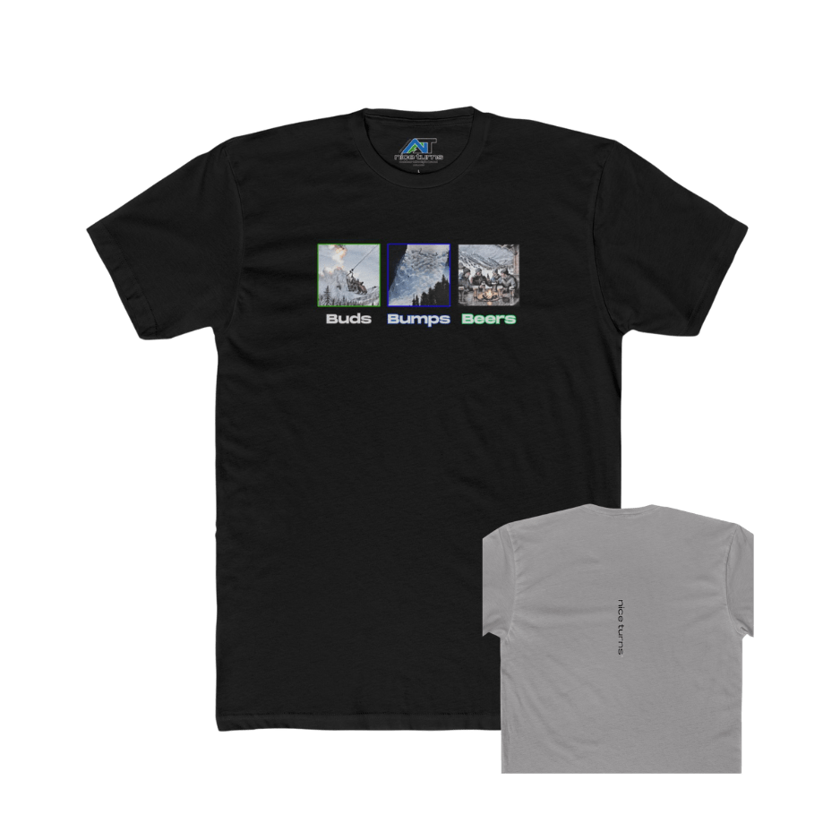Black T-shirt with “Buds, Bumps, Beers” graphic on front and vertical “nice turns” logo on back, displayed on flat background.