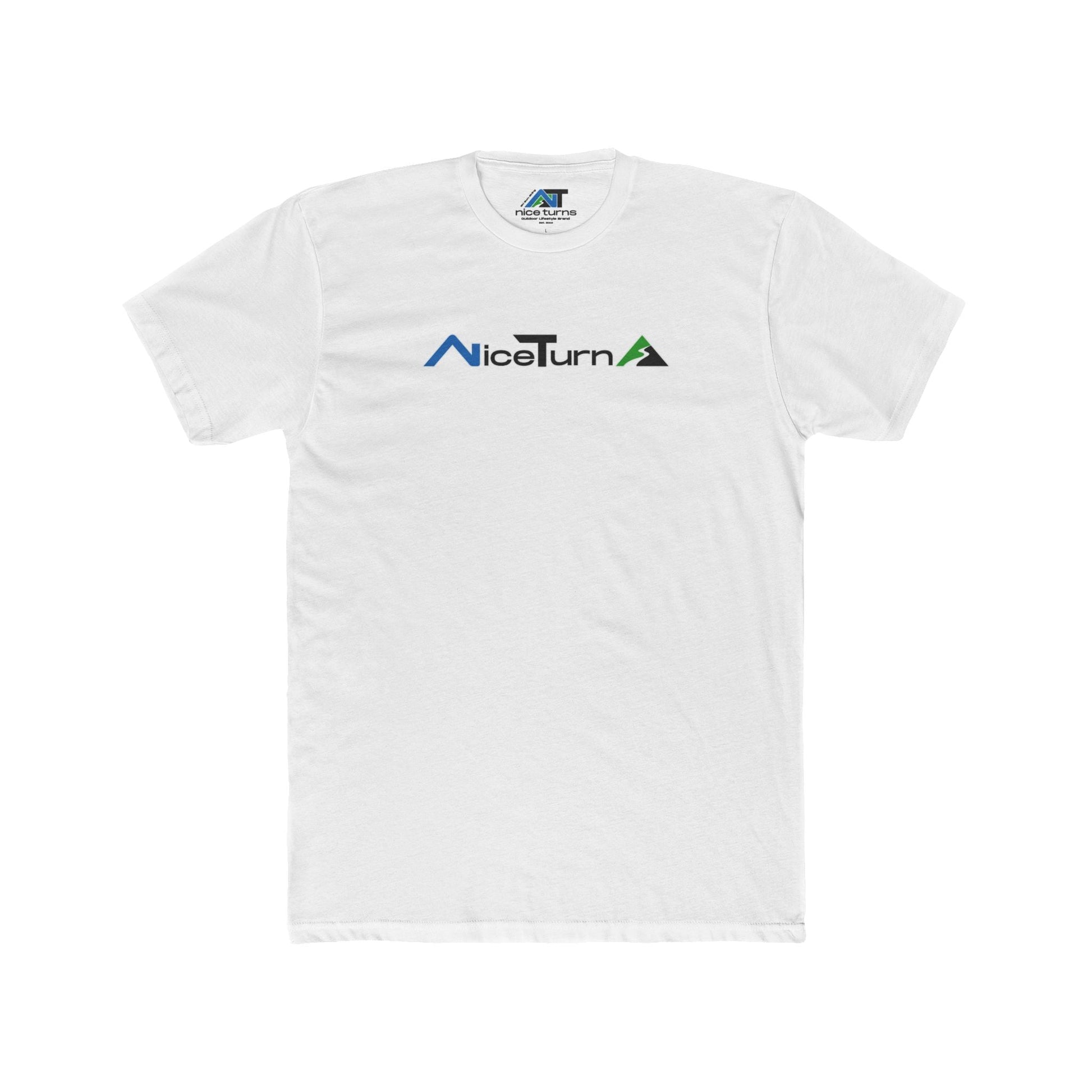 White short sleeve T-shirt featuring the Nice Turns logo with blue, black, and green mountain-inspired design on the chest.