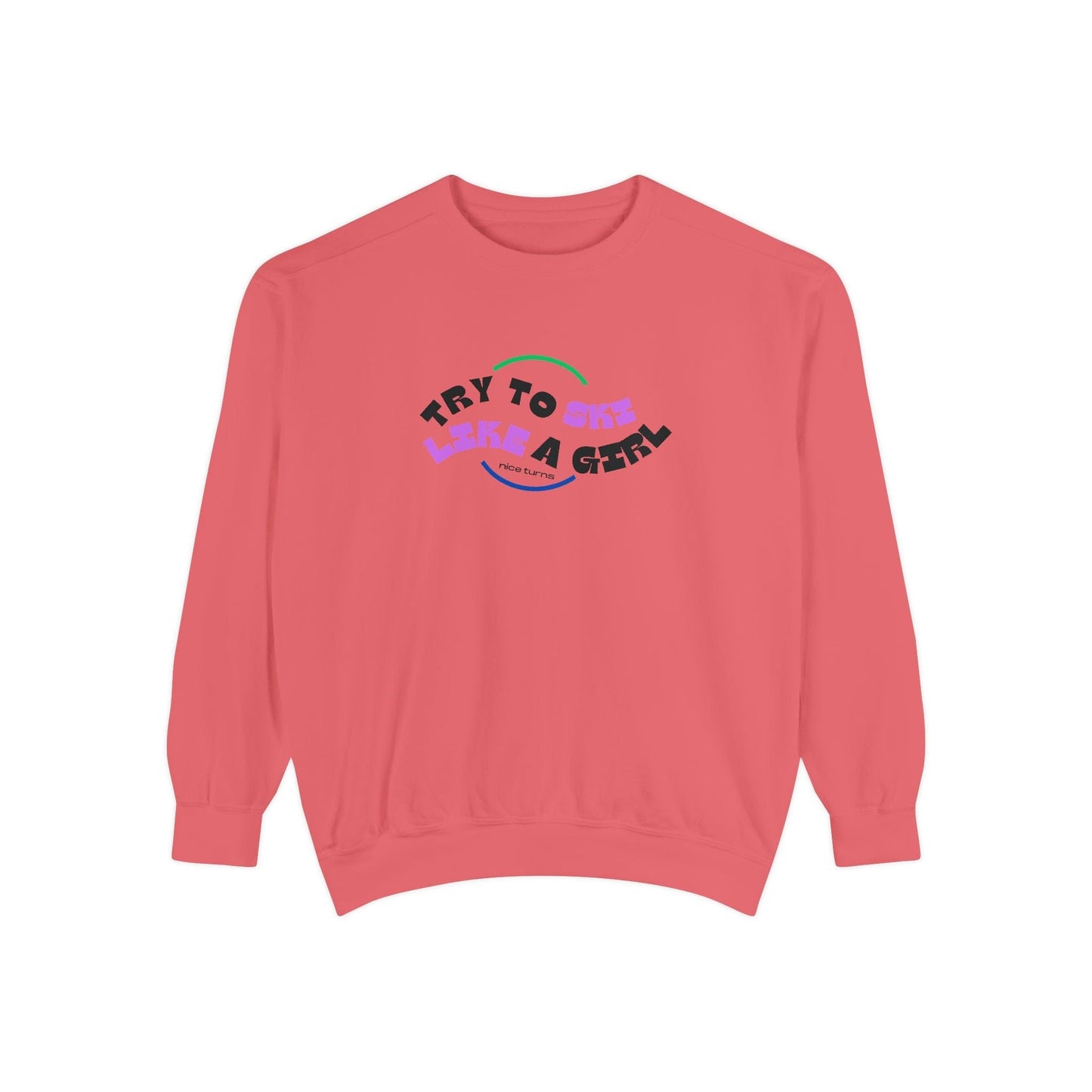 Flat lay of watermelon pink sweatshirt with colorful Try to Ski Like a Girl logo across chest, displayed on white background