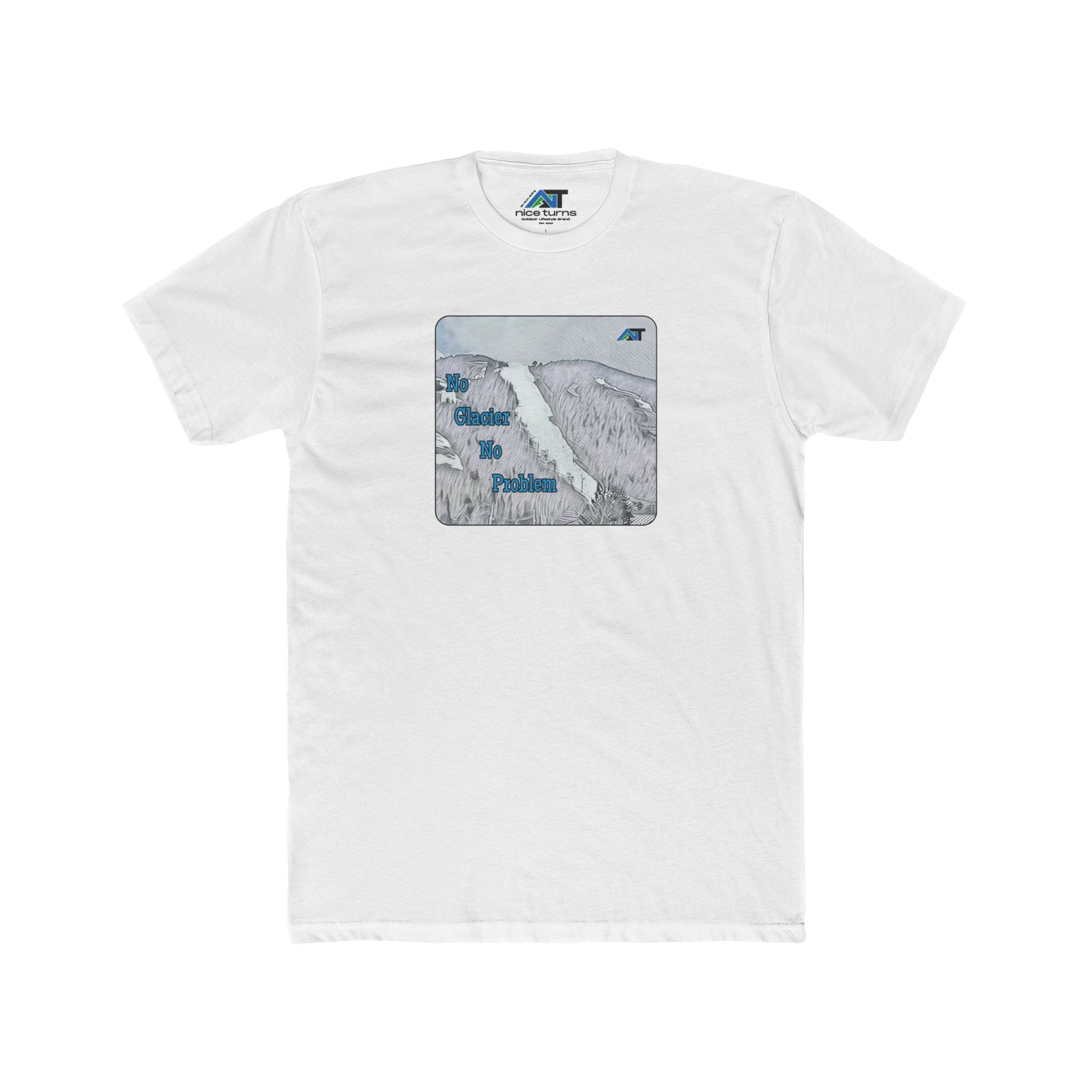 no glacier no problem T-shirt front flat lay in white with superstar trail print and blue text