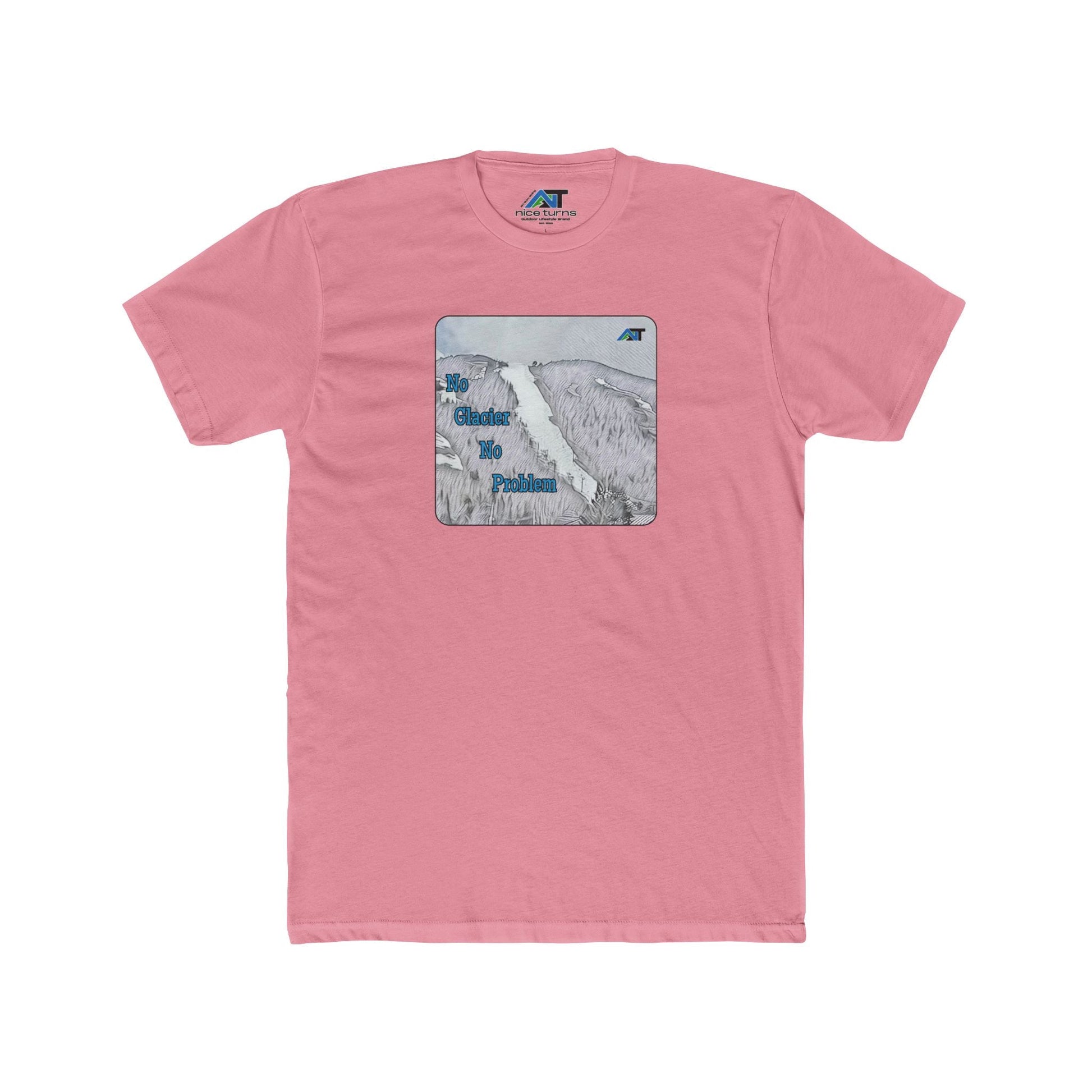 no glacier no problem T-shirt front flat lay in Pink with superstar trail print and blue text
