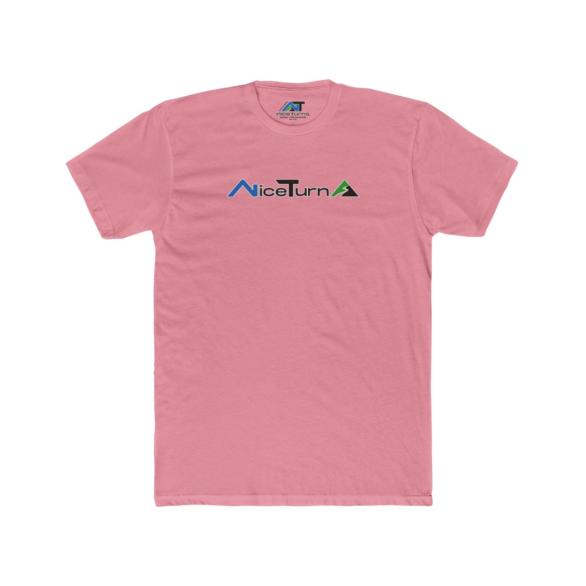 Pink short sleeve T-shirt featuring the nice turns logo with blue, black, and green mountain-inspired design on the chest.