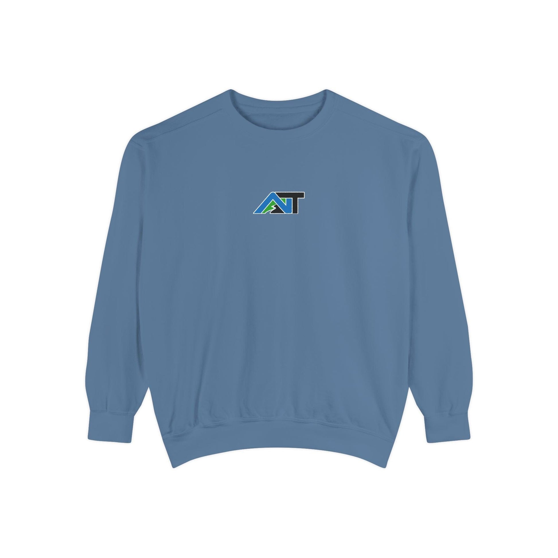 Front-facing cool blue sweatshirt on black background with AT mountain logo centered on chest