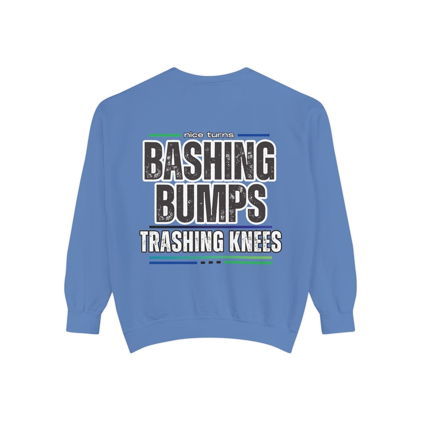 Bashing Bumps Sweatshirt, Cool Blue, back flat lay view with bold “Trashing Knees” ski graphic; garment-dyed cotton fleece, relaxed cut.