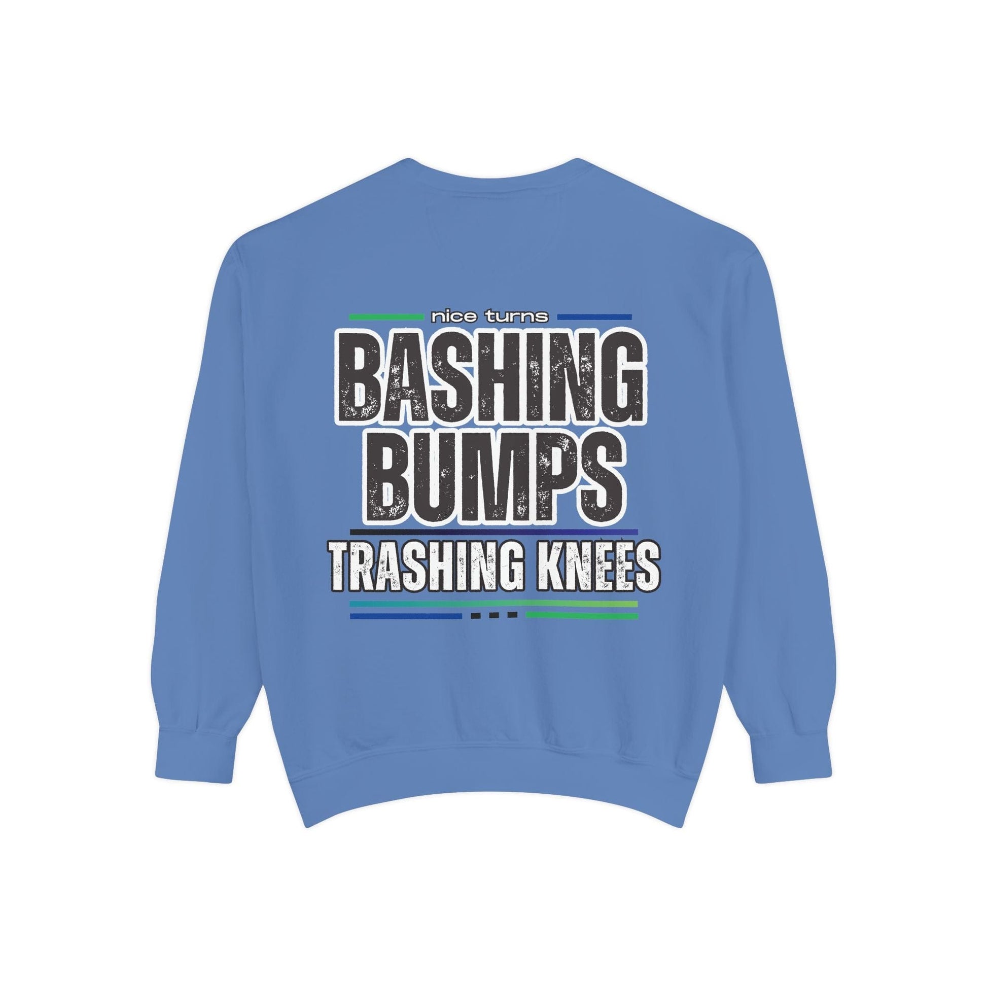 Bashing Bumps Sweatshirt, Cool Blue, back flat lay view with bold “Trashing Knees” ski graphic; garment-dyed cotton fleece, relaxed cut.