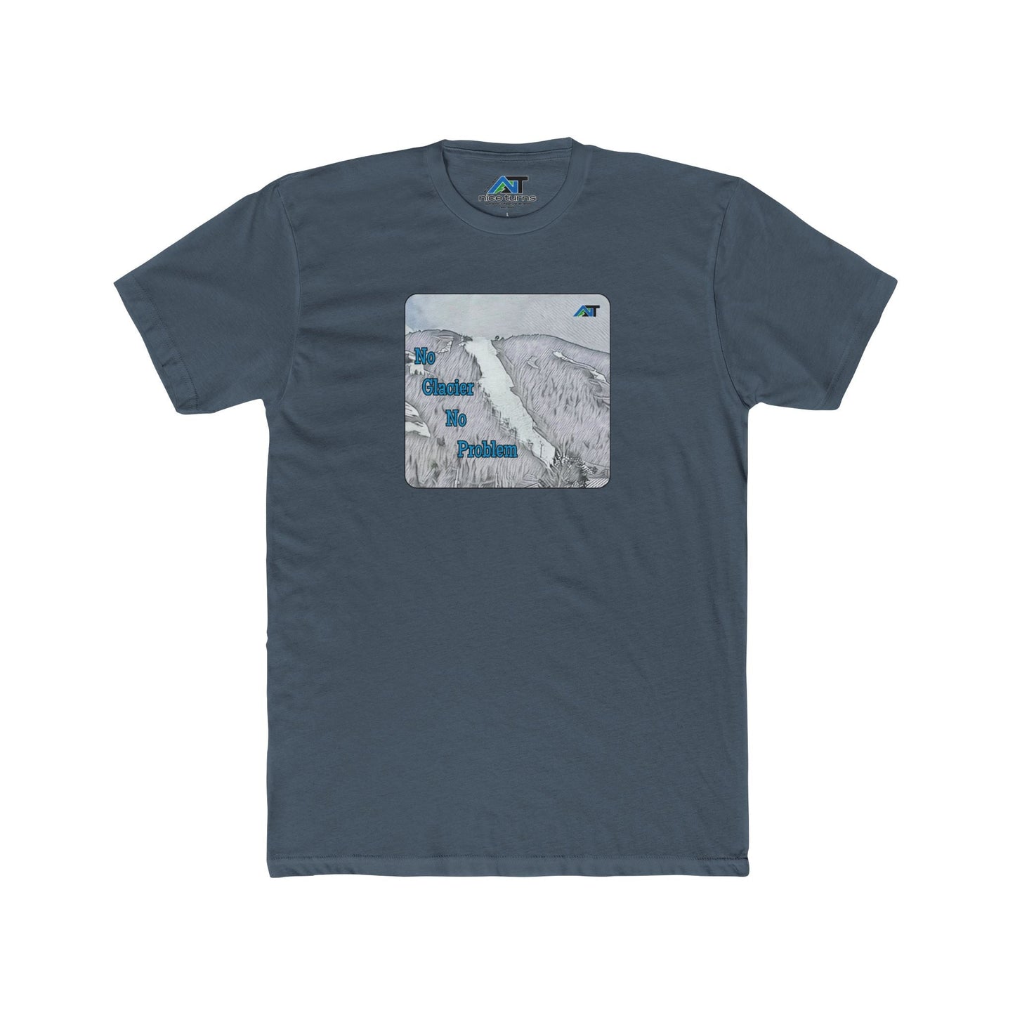 no glacier no problem T-shirt front flat lay in Indigo with superstar trail print and blue text
