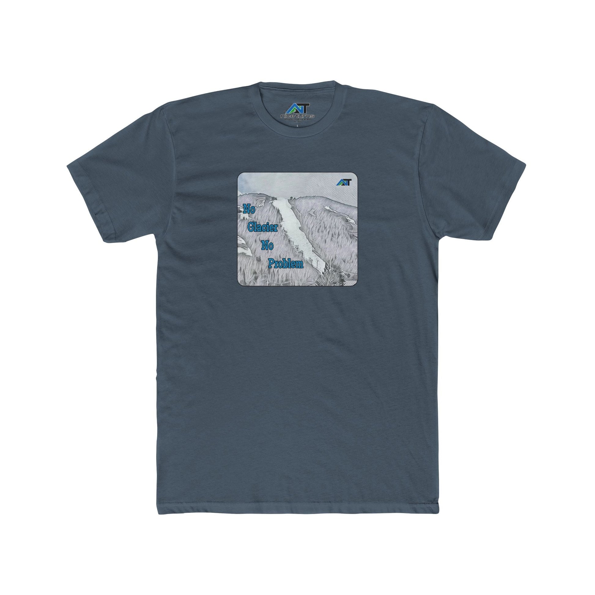 no glacier no problem T-shirt front flat lay in Indigo with superstar trail print and blue text