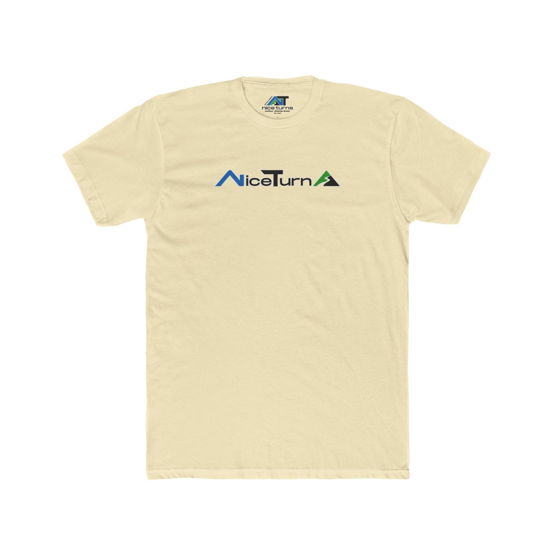 Natural short sleeve T-shirt featuring the nice turns  logo with blue, black, and green mountain-inspired design on the chest.