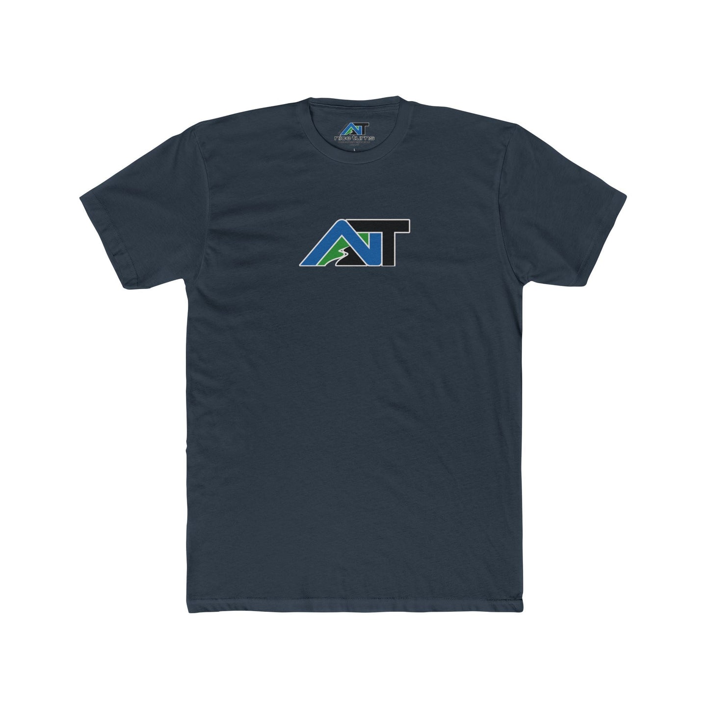 Indigo t-shirt featuring the nice turns mountain trail logo in blue, green, and black on chest, shown on a neutral background.