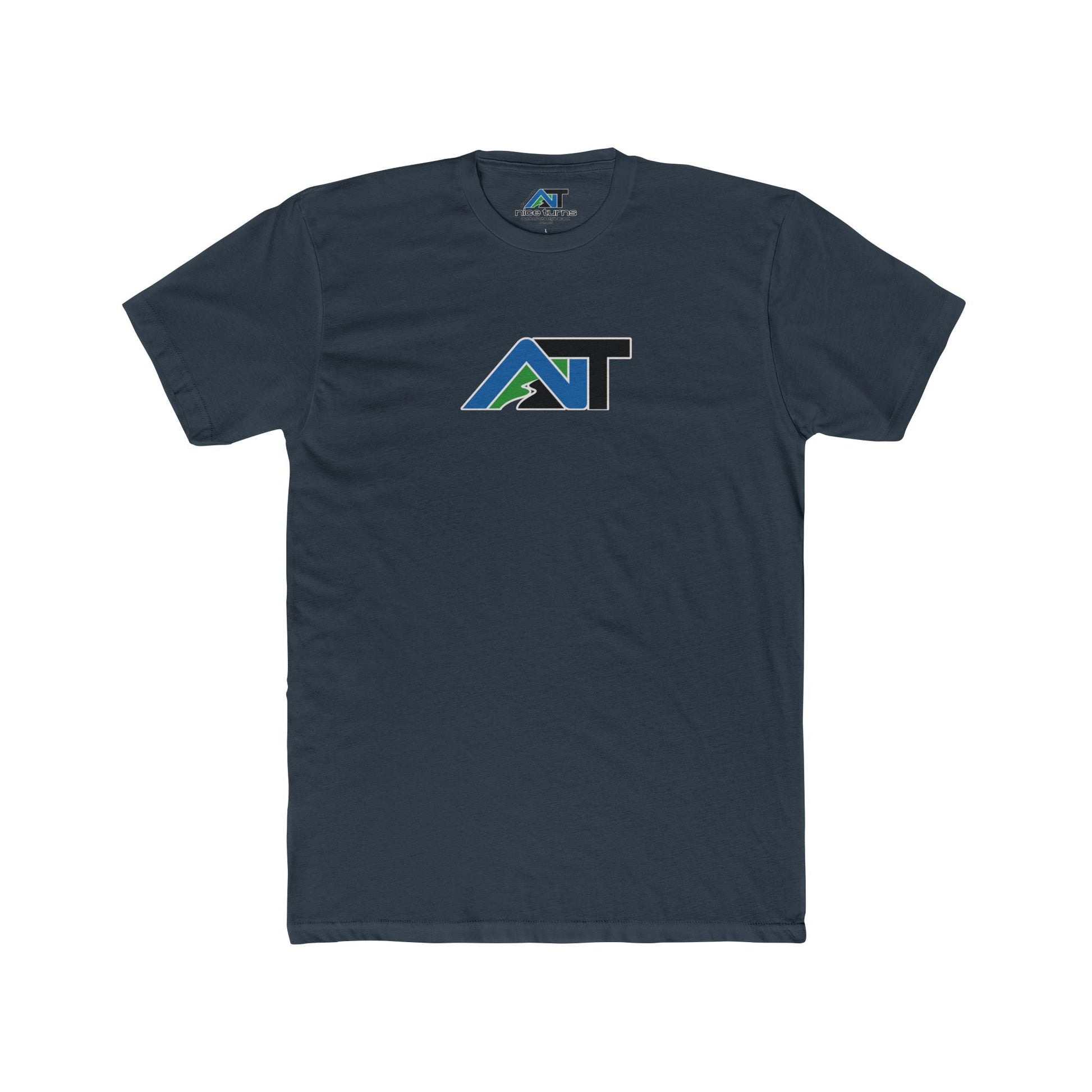 Indigo t-shirt featuring the nice turns mountain trail logo in blue, green, and black on chest, shown on a neutral background.