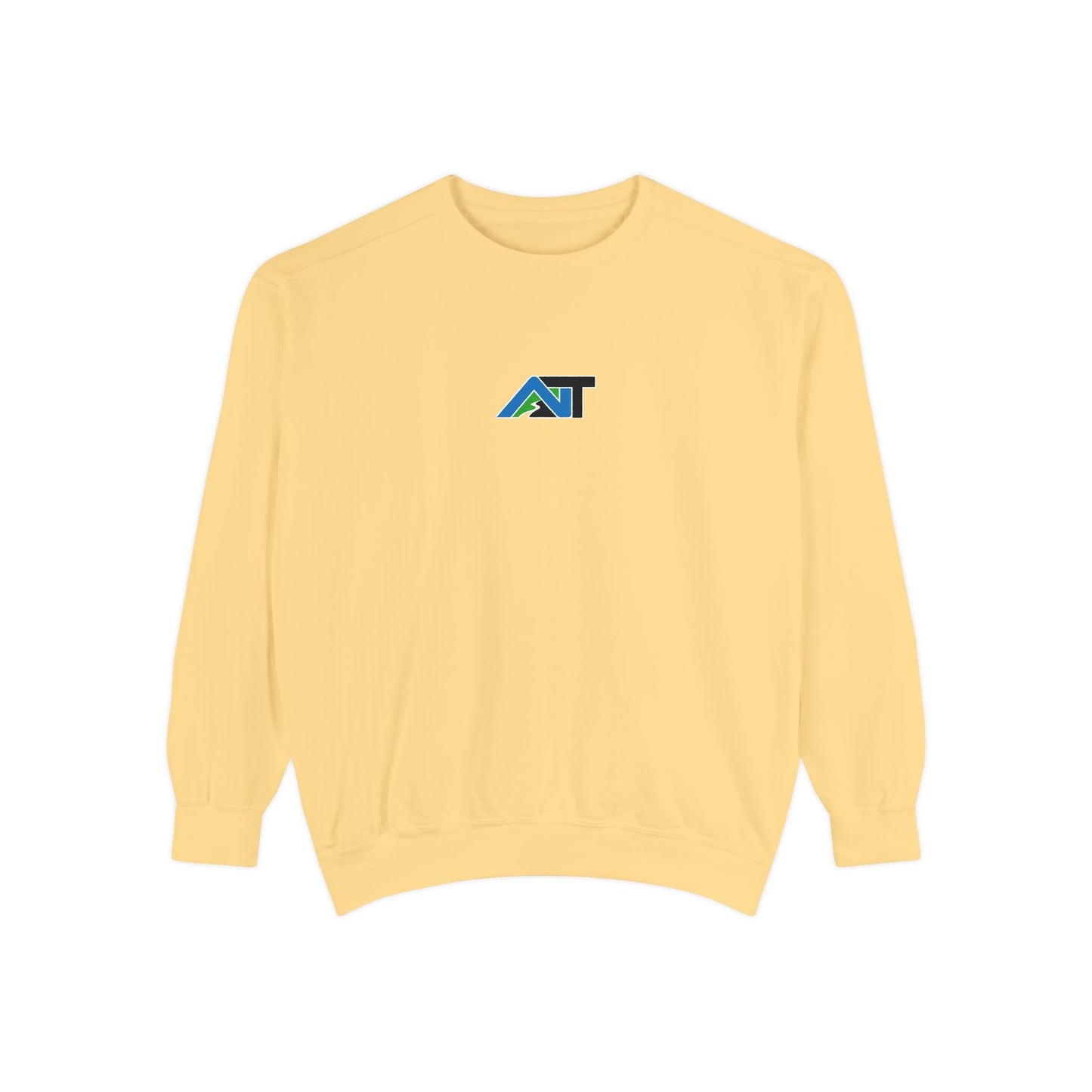 Front-facing butter-yellow sweatshirt on white background with AT mountain logo centered on chest