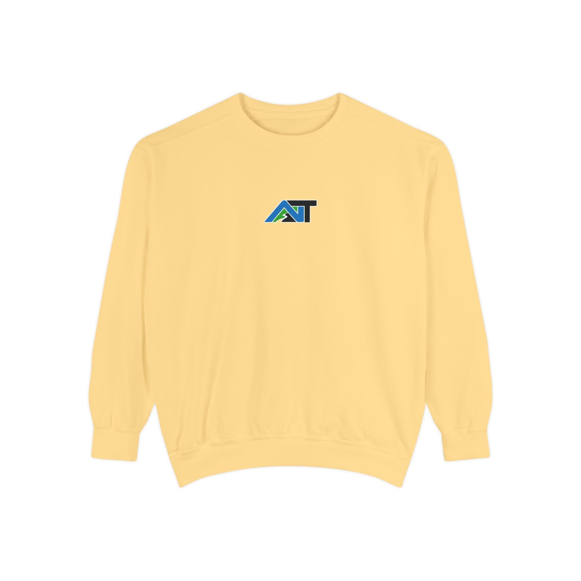 Front-facing butter-yellow sweatshirt on white background with AT mountain logo centered on chest