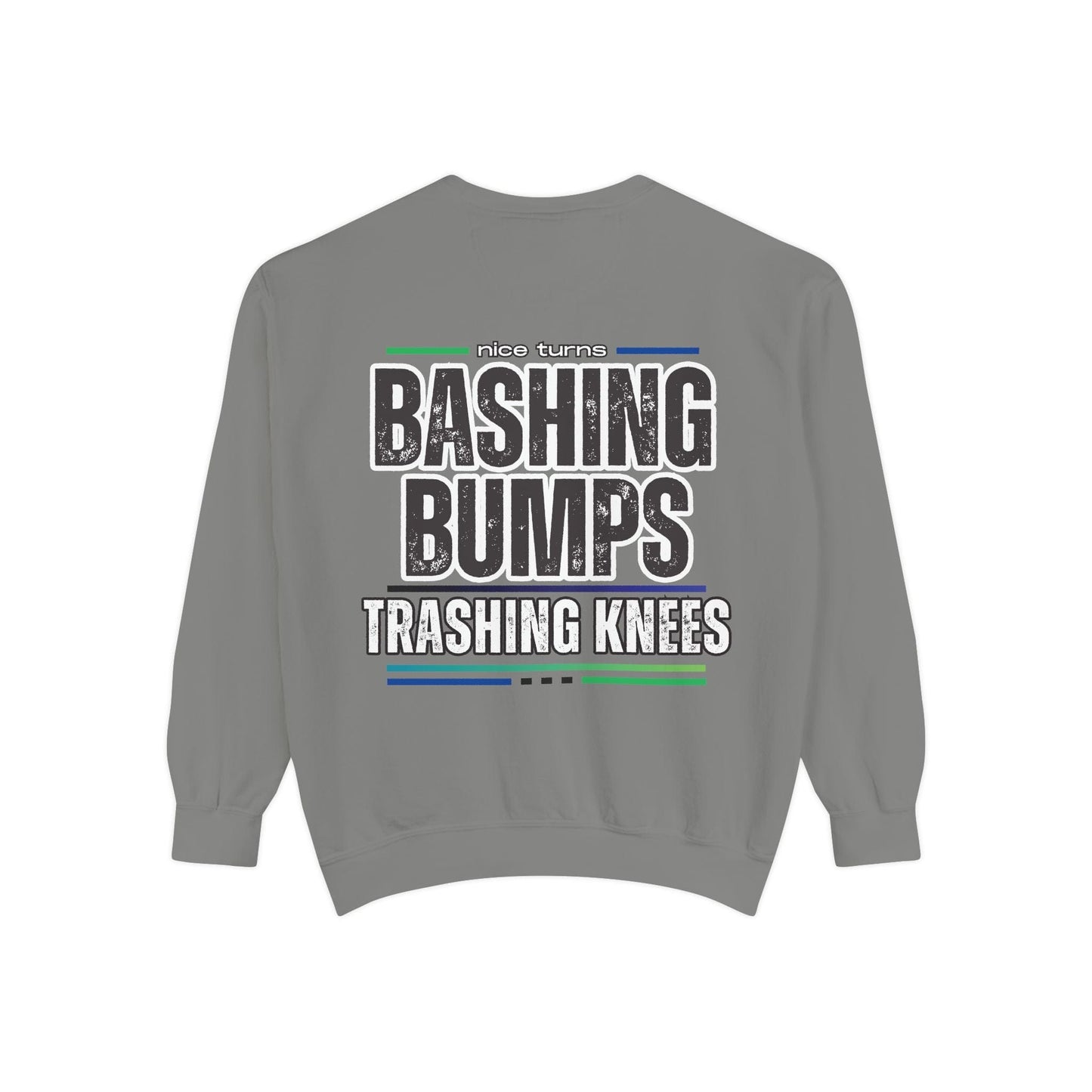 Bashing Bumps Sweatshirt, grey, back flat lay with centered “Trashing Knees” graphic; garment-dyed cotton blend, relaxed fit fleece.