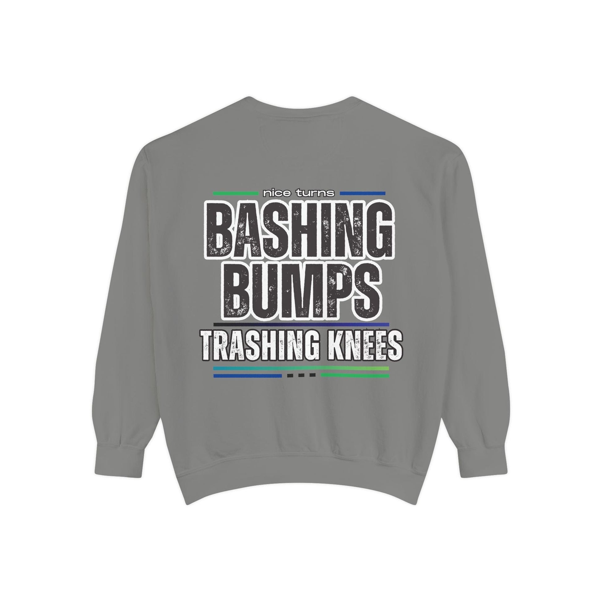 Bashing Bumps Sweatshirt, grey, back flat lay with centered “Trashing Knees” graphic; garment-dyed cotton blend, relaxed fit fleece.