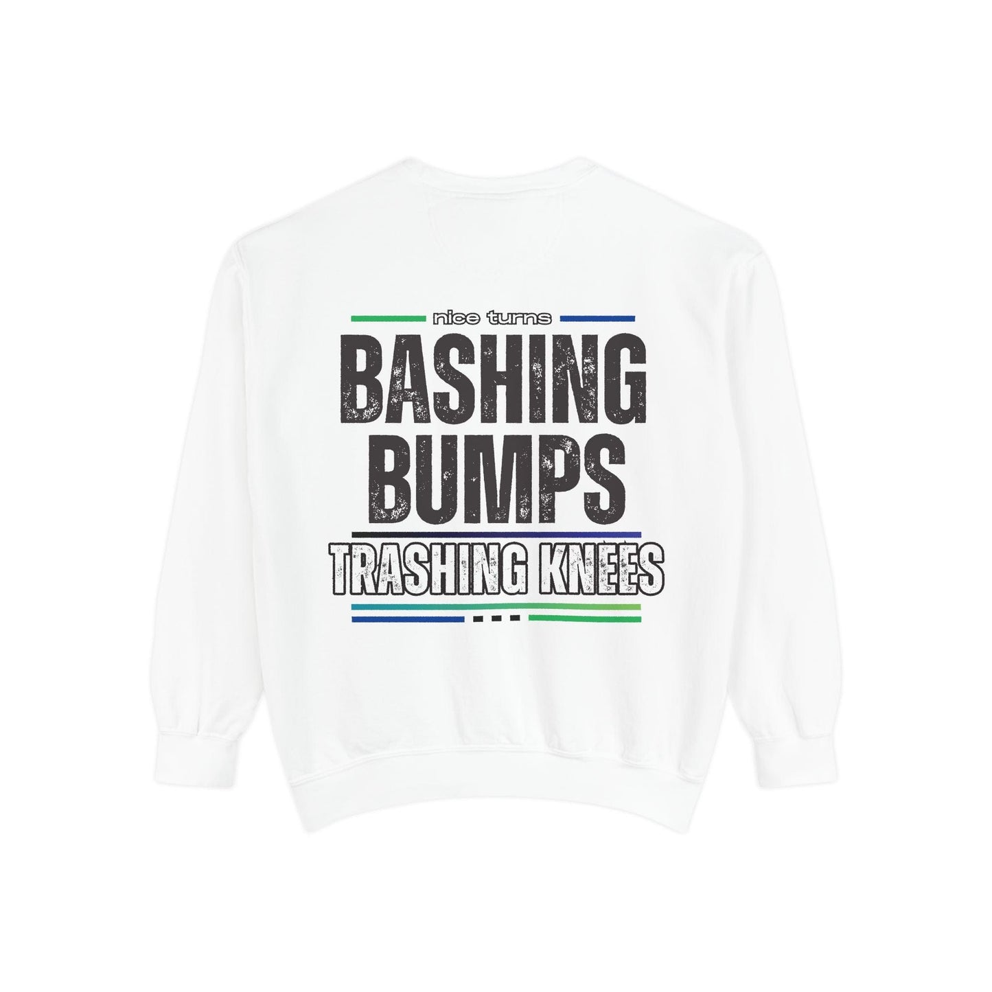 Bashing Bumps Sweatshirt, white, back flat lay with large “Bashing Bumps Trashing Knees” graphic; color-blast fleece, relaxed fit.
