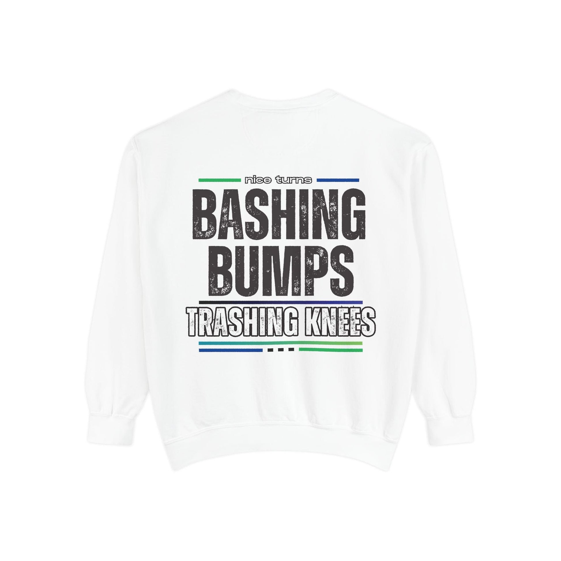 Bashing Bumps Sweatshirt, white, back flat lay with large “Bashing Bumps Trashing Knees” graphic; color-blast fleece, relaxed fit.