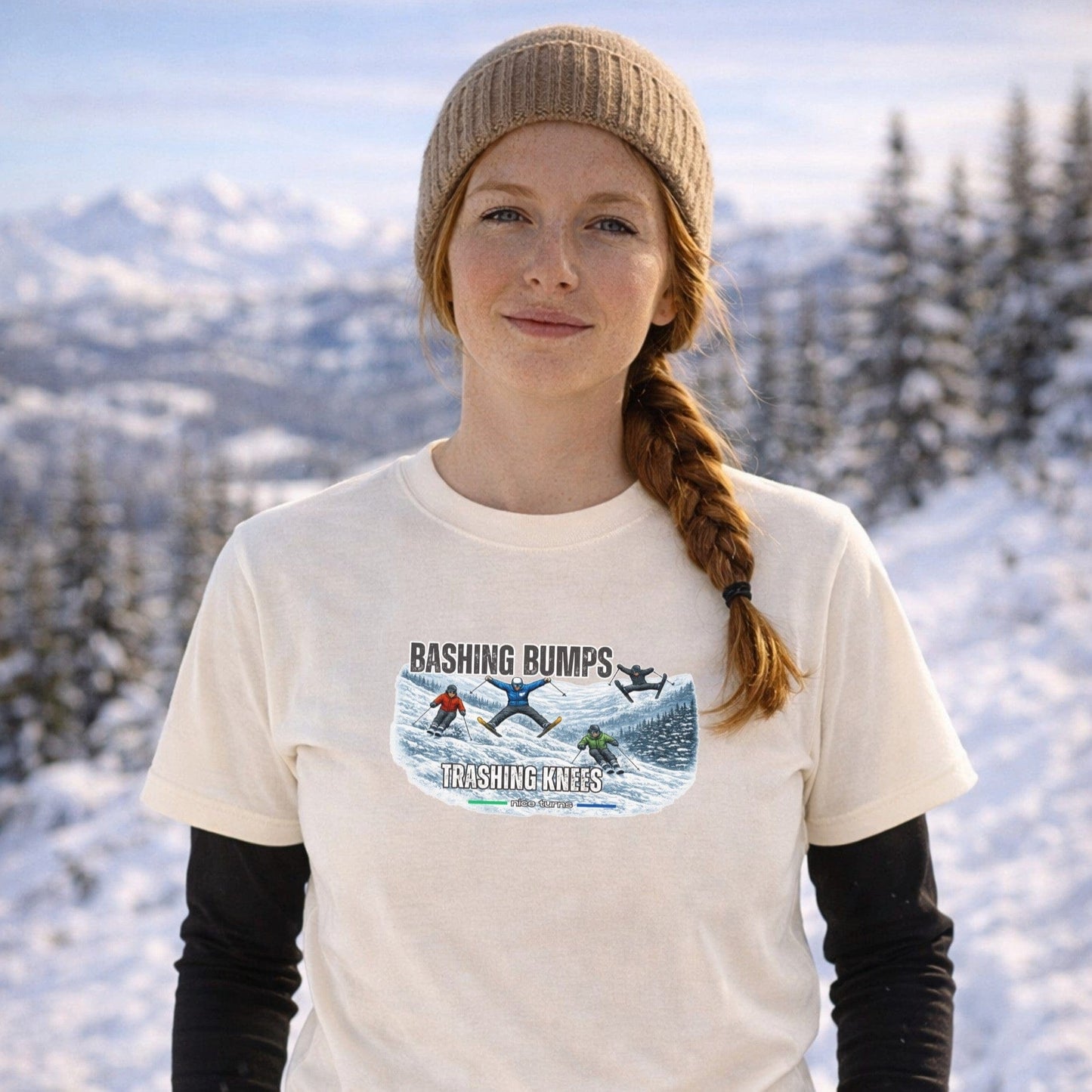 natural bashing bumps trashing knees t shirt female skier beanie