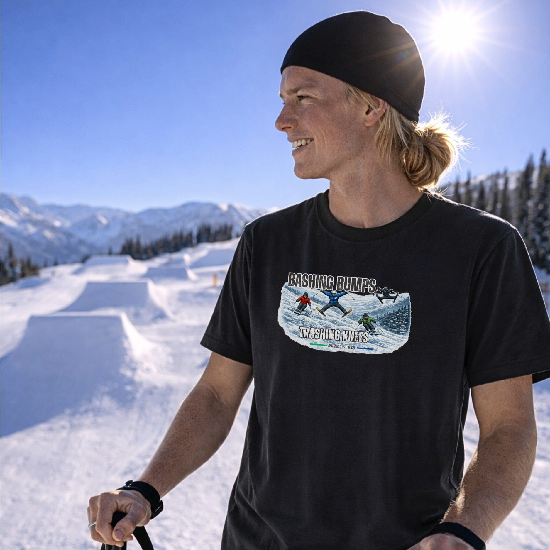 black bashing bumps trashing knees t shirt male skier beanie sun