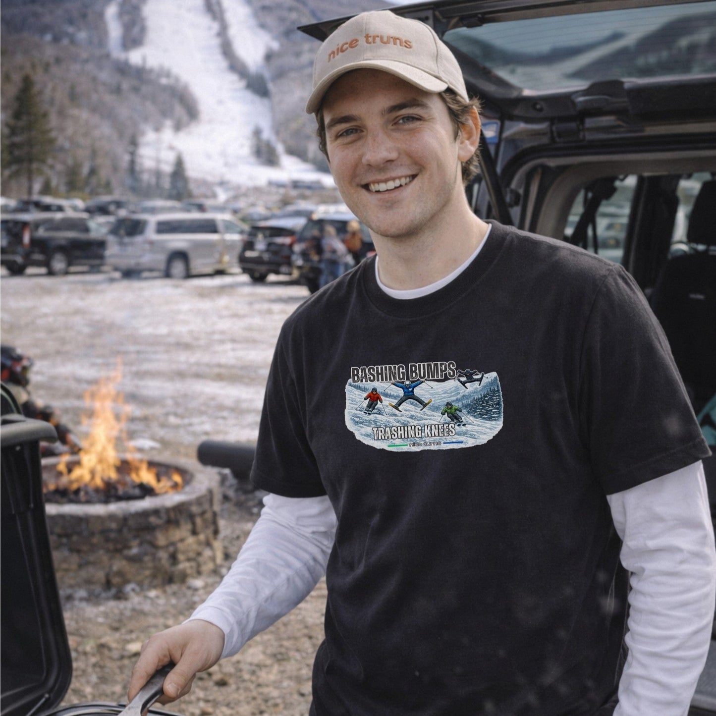 black bashing bumps trashing knees t shirt male apres firepit