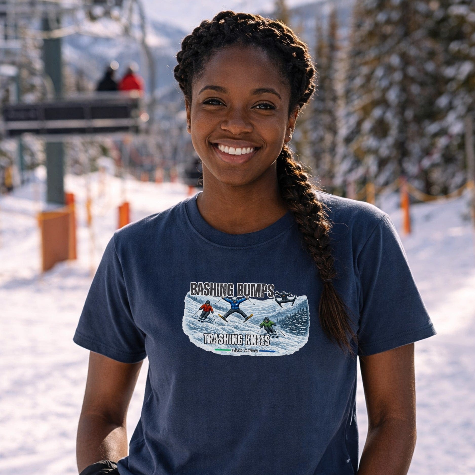 indigo bashing bumps trashing knees t shirt female skier chairlift
