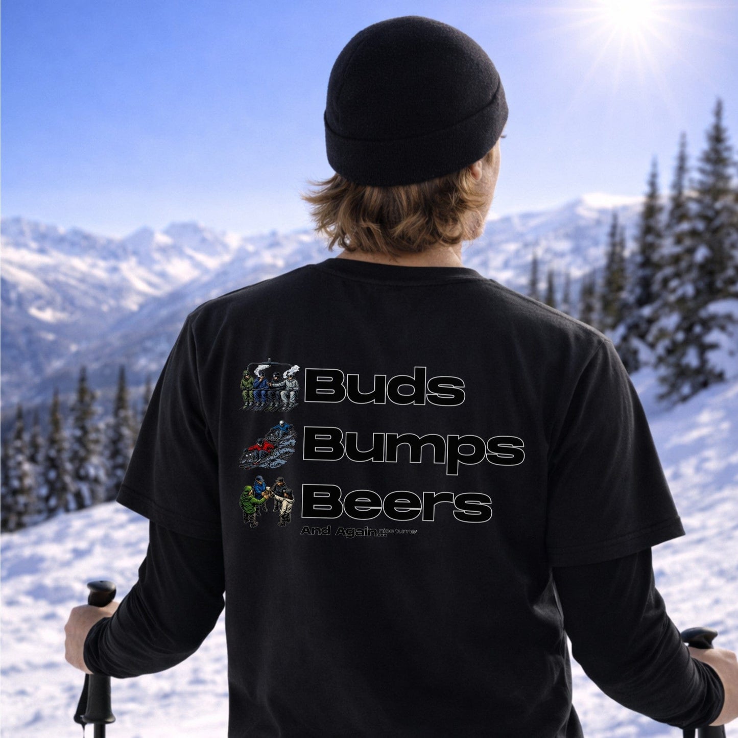 buds bumps beers t-shirt black back graphic skier overlooking mountain view